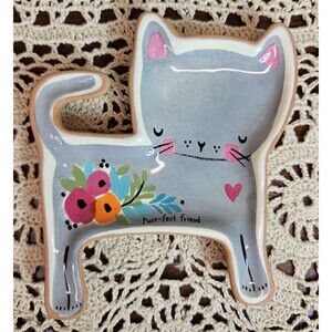 Adorable Painted Terra Cotta Cat Trinket Dish "Purr-fect Friend"